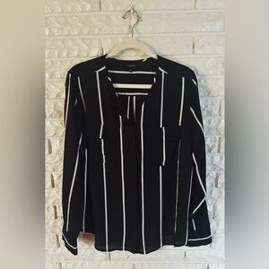 Who What Wear Black and White Striped Button-Front Blouse
